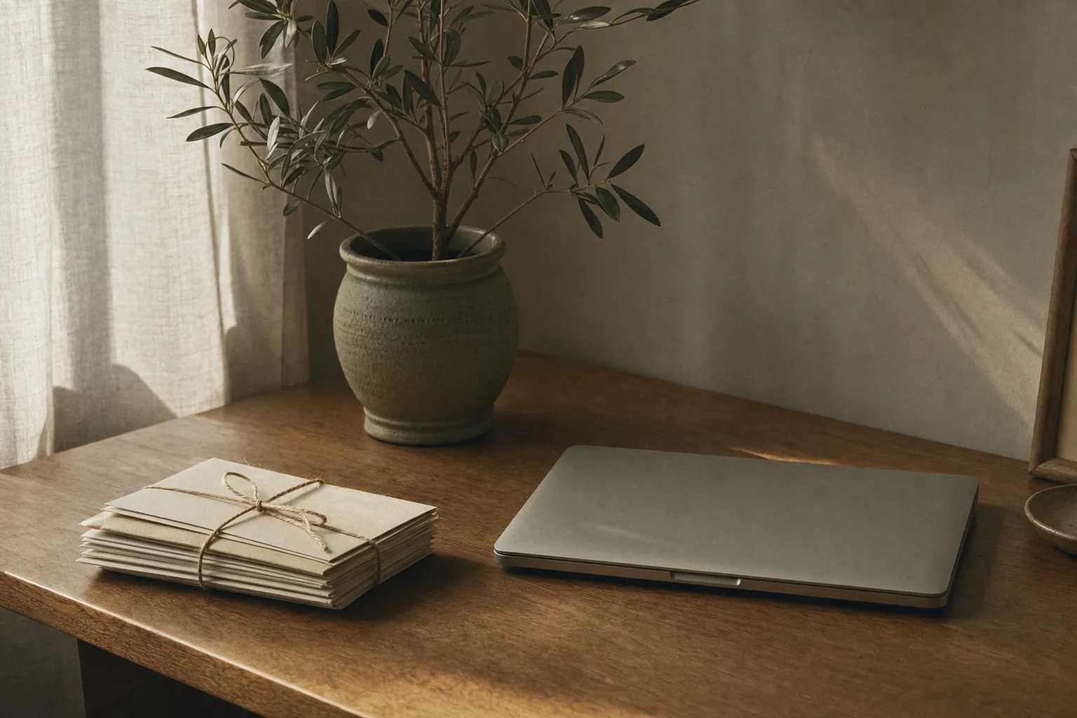 A closed laptop on a wooden desk beside a plant and letters tied with twine